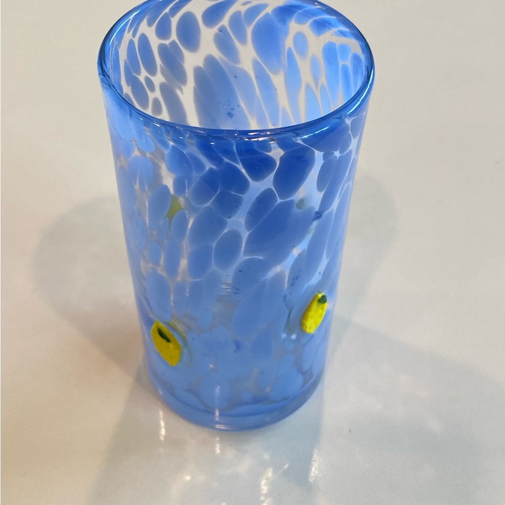 Anthropologie Lacey Highball Glass Blue & Yellow Lemon New in Box